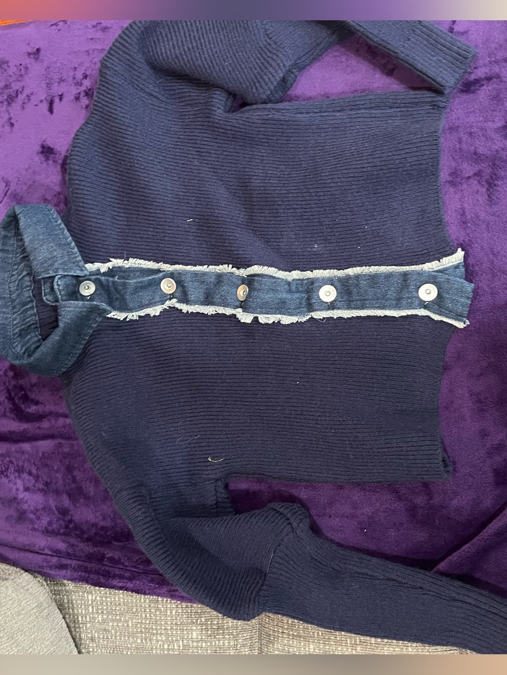 Source Unknown Navy Ribbed Cardigan with Frayed Button Trim